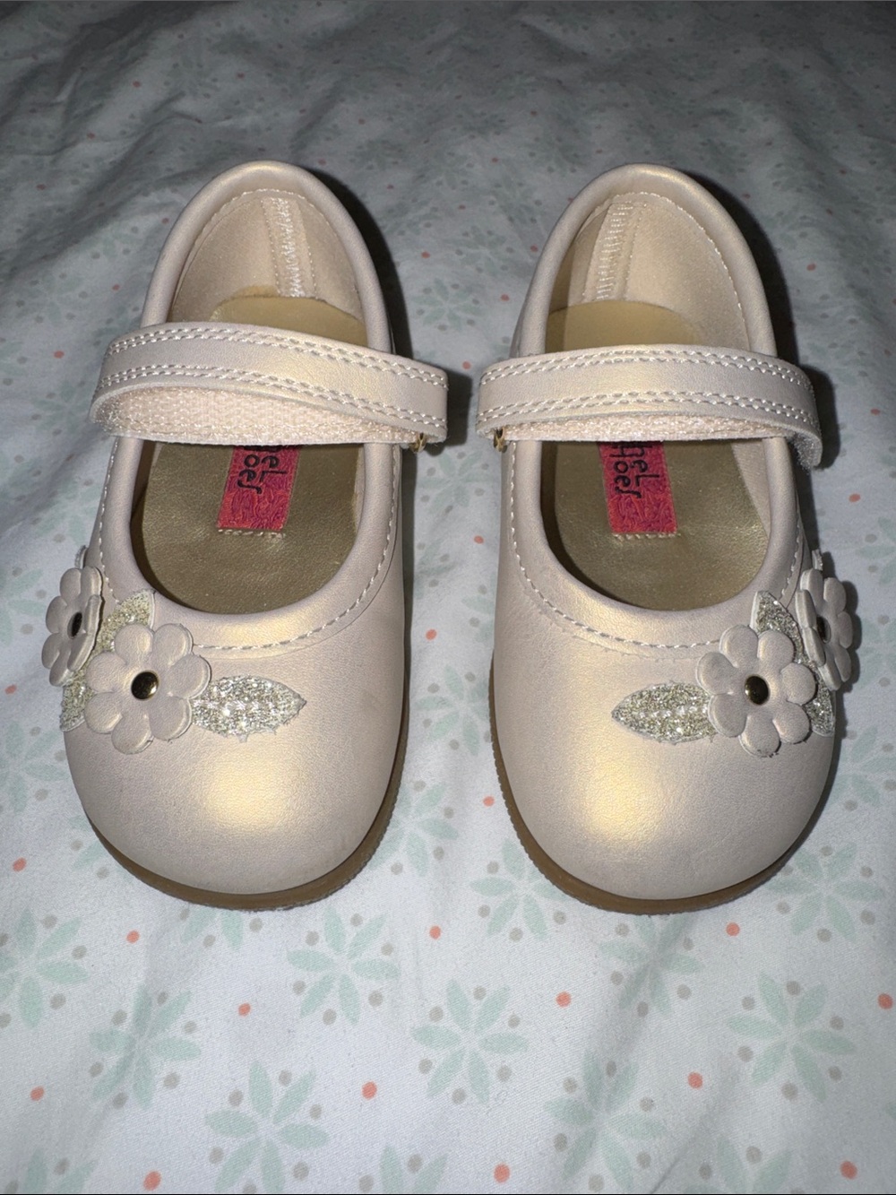 Rachel Shoes Cream Mary Jane Dress Flats with Floral Appliqués